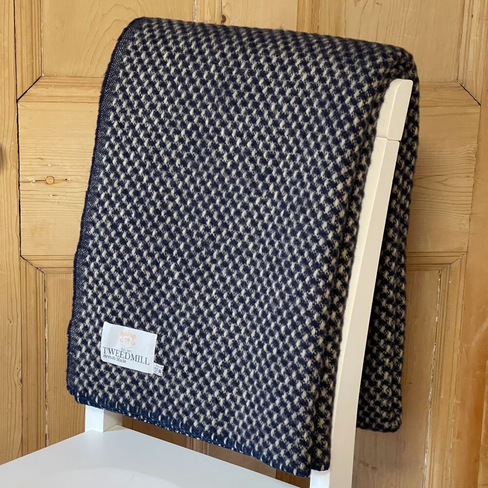 Tweedmill Blanket Stitch Navy Blue & Oatmeal Beige Pure New Wool Throw Blan