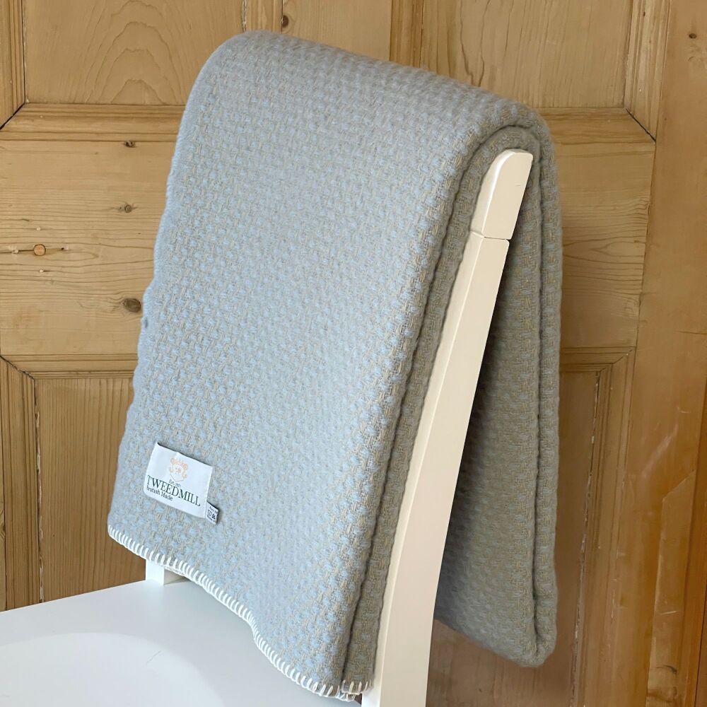 Tweedmill Blanket Stitch Duck Egg Blue & Oatmeal Pure New Wool Throw Blanke