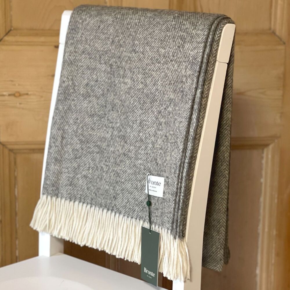 BRONTE by Moon Herringbone Throw Blanket  Vintage Grey Shetland Wool