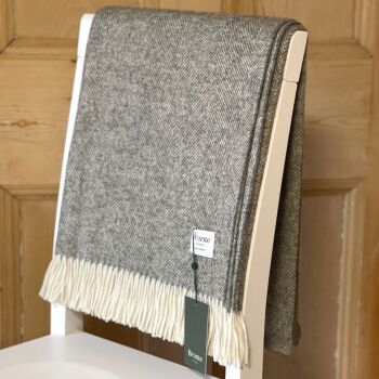 BRONTE by Moon Herringbone Throw Blanket  Vintage Grey Shetland Wool
