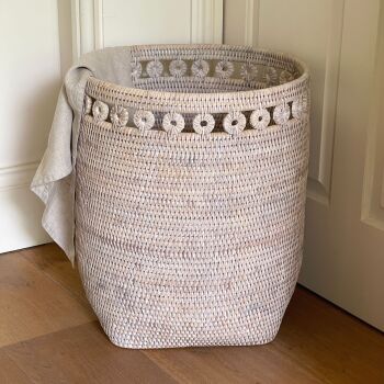 Rattan Wicker Artisan Round Storage Basket with Decorative Rings - Natural Whitewash