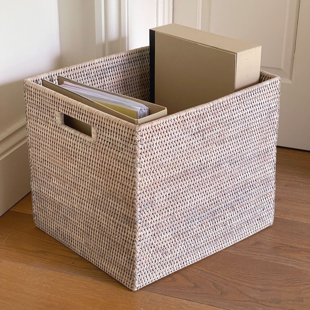 Rattan Wicker Artisan File Storage Basket with handles - Natural Whitewash