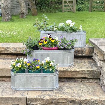 Oval Ridged Metal Garden Trough Planter or Plant Pot
