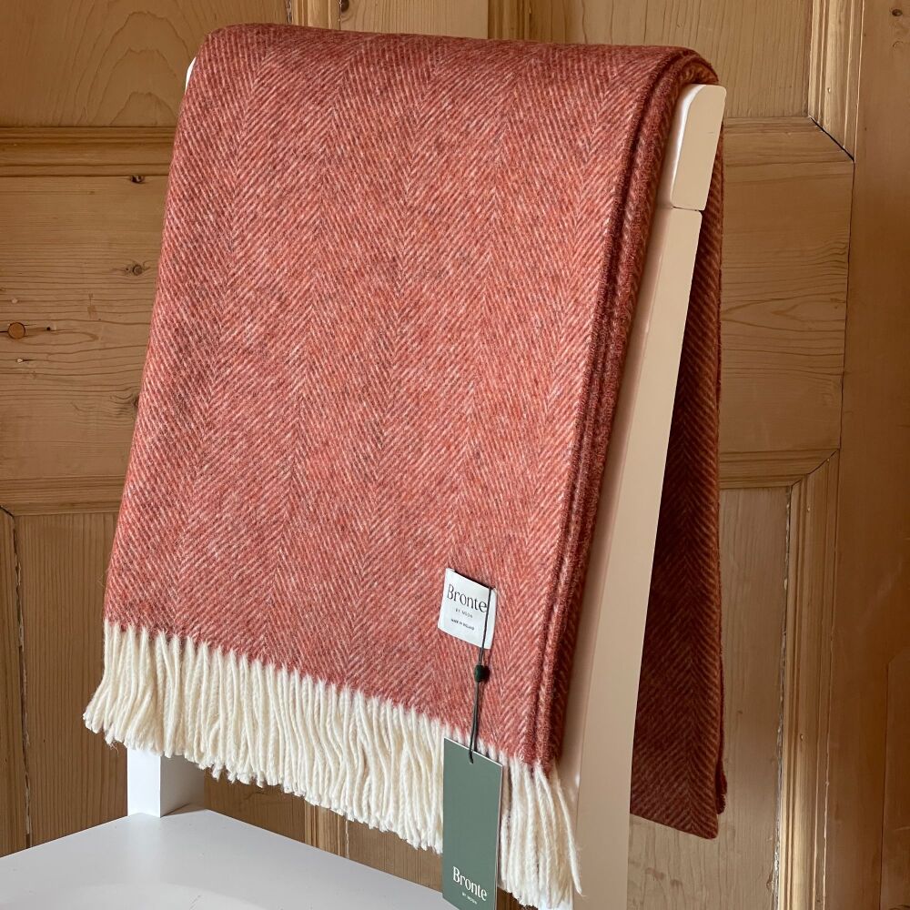 BRONTE by Moon Herringbone Throw Blanket Brick Brown Shetland Wool