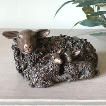 Ewe with Twin Lambs Frith Bronze Sculpture by Veronica Ballan