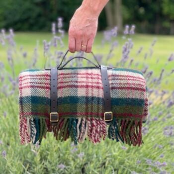 WATERPROOF Backed Wool Picnic Rug / Blanket in Country Thistleberry Check with Leather  Carry Strap