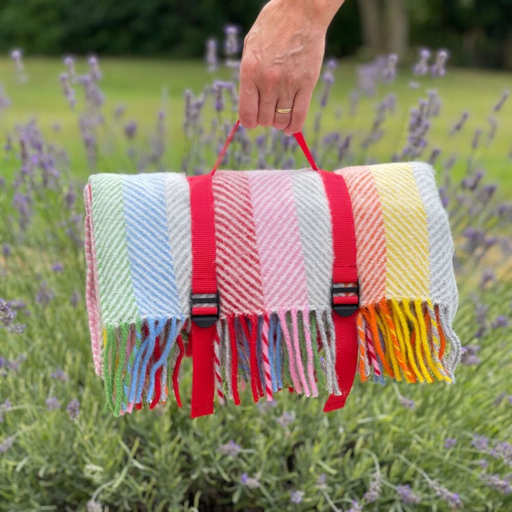 WATERPROOF Backed Wool Picnic Rug in Herringbone Multi Stipe with Cerise Pr