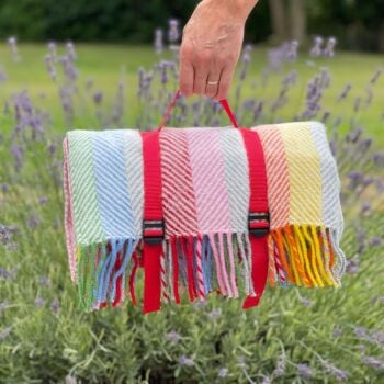 WATERPROOF Backed Wool Picnic Rug in Herringbone Multi Stipe with Cerise Practical Carry Strap