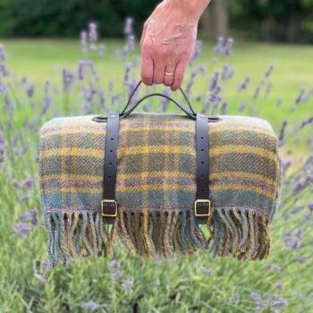WATERPROOF Backed Wool Picnic Rug / Blanket in Country Olive & Ochre Check with Leather Carry Strap