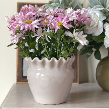 Ceramic Glazed Plant Pot or Vase with Wavy Edged Rim in Beige - 16 cm H