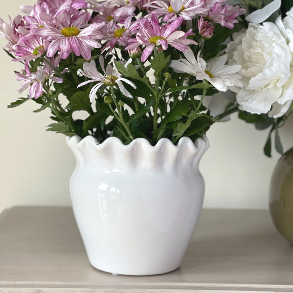 Ceramic Glazed Plant Pot or Vase with Wavy Edged Rim in White - 16 cm H