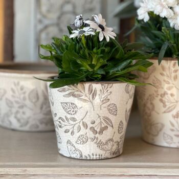 Vintage White & Beige Botanical Tapered Plant Pot - 12 cm H