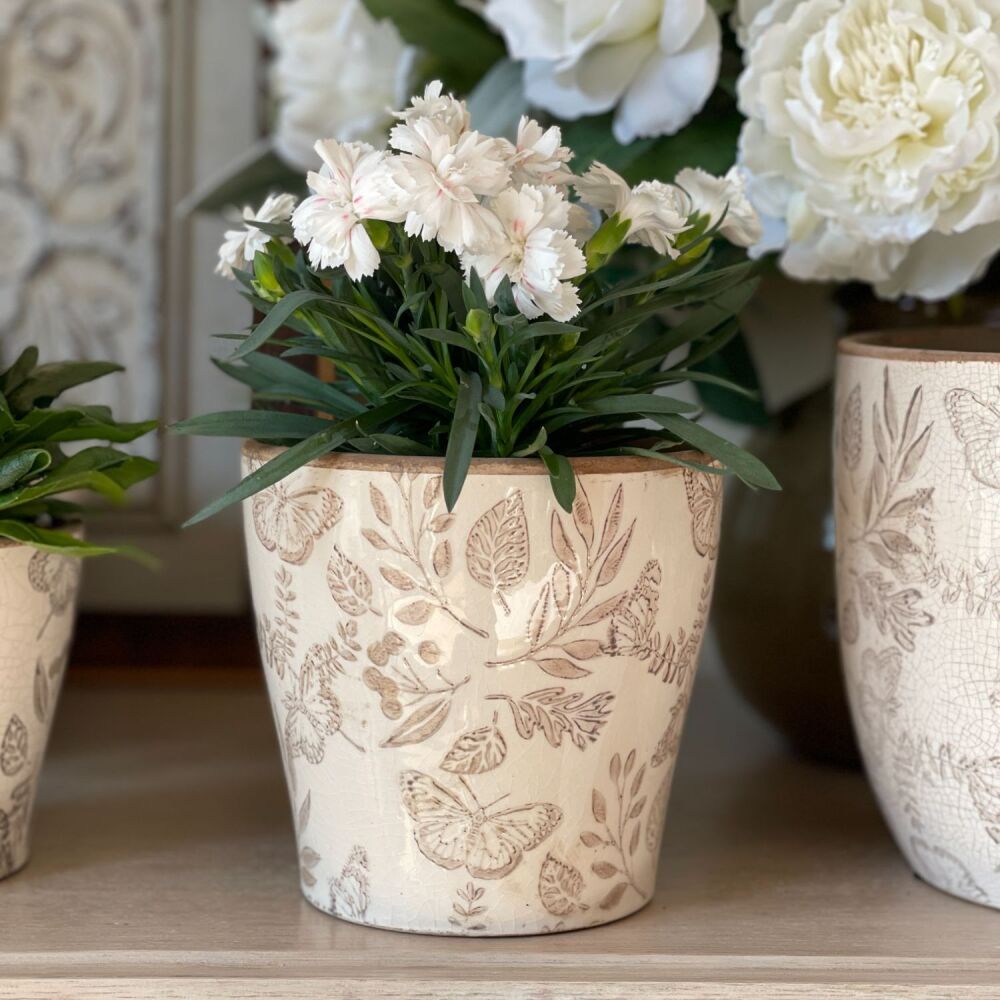 Vintage White & Beige Botanical Tapered Plant Pot - 13 cm H