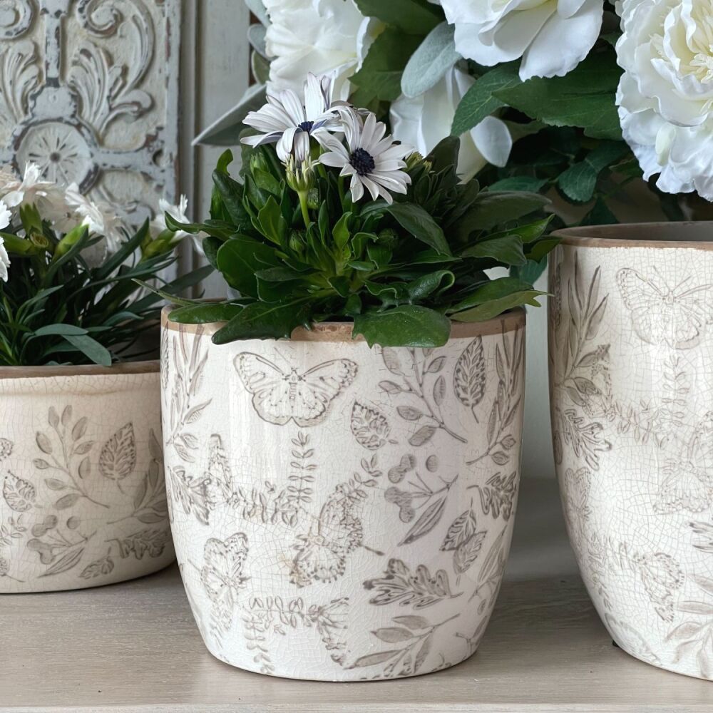 Vintage White & Beige Botanical Plant Pot - 14 cm H