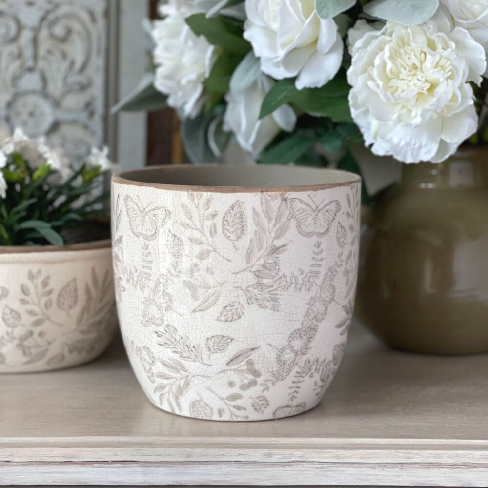 Vintage White & Beige Botanical Plant Pot - 17 cm H