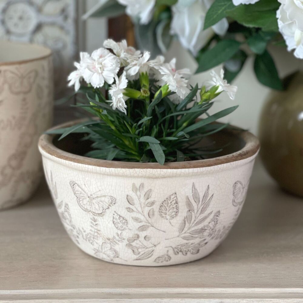 Vintage White & Beige Botanical Bulb Bowl Planter / Plant Pot - 21 cm Diameter