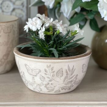 Vintage White & Beige Botanical Bulb Bowl Planter / Plant Pot - 21 cm Diameter