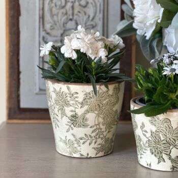 Vintage White & Pale Olive Green Botanical Tapered Plant Pot - 13 cm H