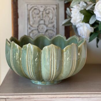Ceramic Fluted Fruit / Serving Bowl in Sage Green - 30 cm