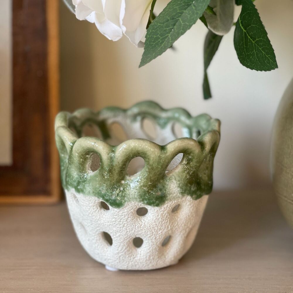 Small Candle or Tealight Holder - Vintage White & Green
