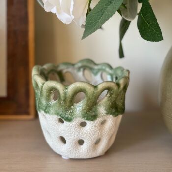 Small Candle or Tealight Holder - Vintage White & Green