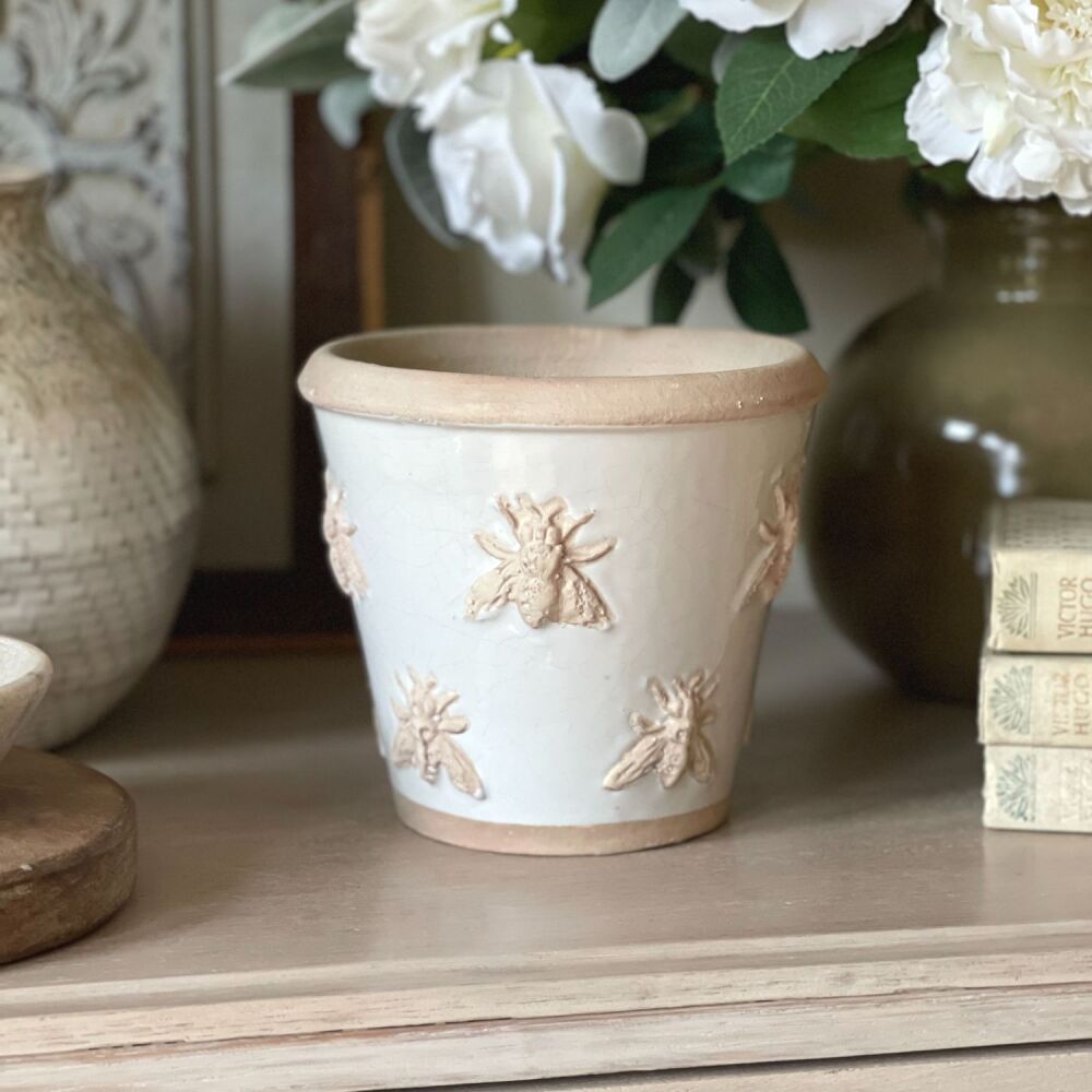 White Glazed Terracotta Bee Embossed Plant Pot Handmade