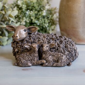 Ewe with Twin Lambs Frith Bronze Sculpture by Veronica Ballan