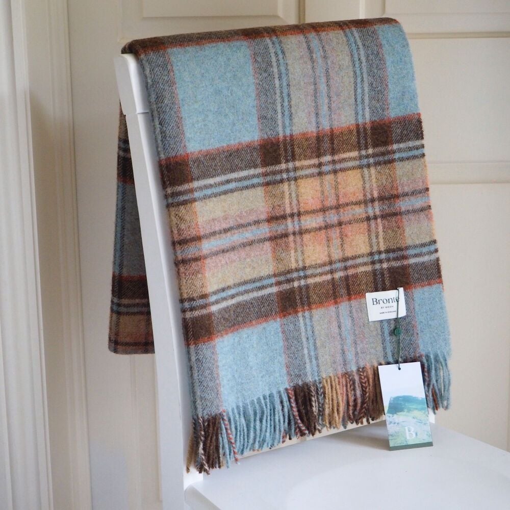 BRONTE by Moon Bramble Plaid Shetland Wool Throw/Blanket - Muted Blue