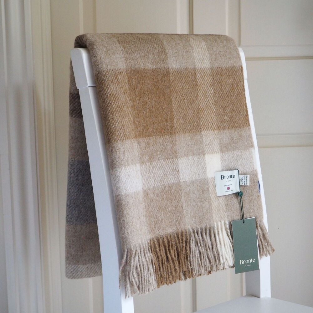 BRONTE by Moon British Wool Contemporary Check Throw - Natural Lambswool