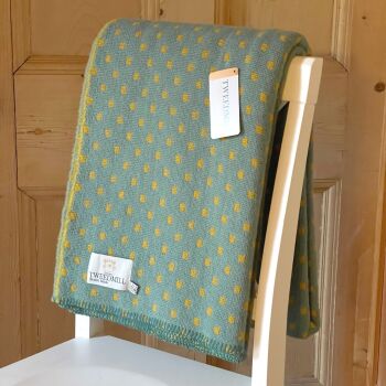 Tweedmill Blanket Stitch Sea Green & Yellow Dots Pure New Wool Throw Blanket - Large