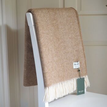 BRONTE by Moon Herringbone Throw Blanket Camel Beige Shetland Wool