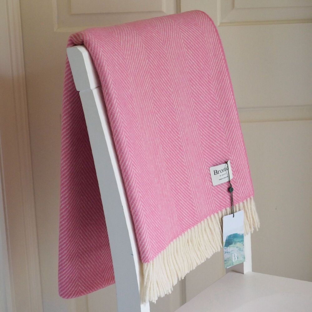 BRONTE by Moon Herringbone Blanket Throw Pure New Wool - Bubblegum Pink