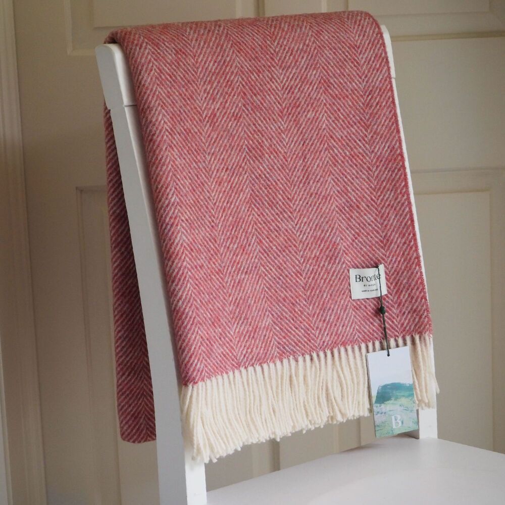 BRONTE by Moon Herringbone Blanket Throw Pure New Wool - Rich Raspberry Pin