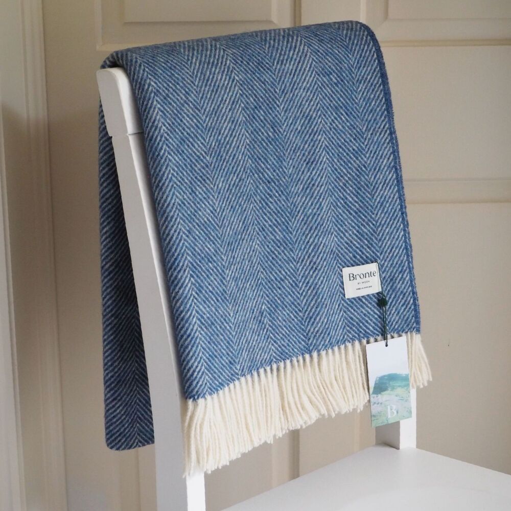 BRONTE by Moon Herringbone Blanket Throw Pure New Wool - Blueberry Blue
