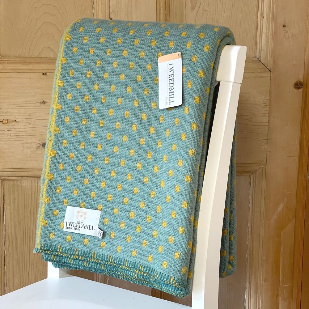Tweedmill Blanket Stitch Sea Green & Yellow Dots Pure New Wool Throw Blanke