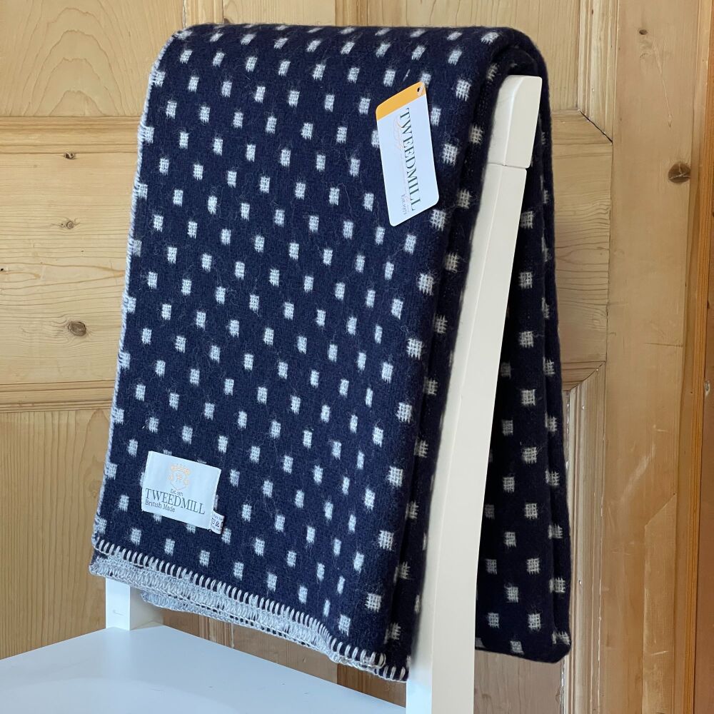 Tweedmill Blanket Stitch Navy with Silver Dots Pure New Wool Throw Blanket 