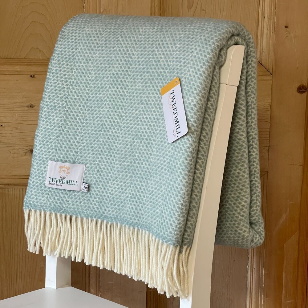 Tweedmill Ocean Green and Cream Honeycomb Weave Pure New Wool Throw Blanket