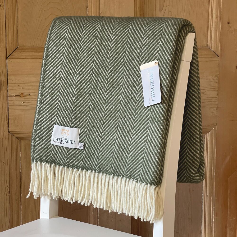 Tweedmill Olive Green Herringbone Pure New Wool Throw Blanket