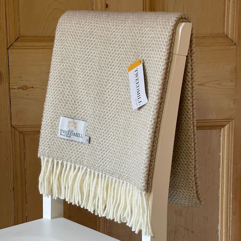 Tweedmill Beige Oatmeal Honeycomb Knee Rug or Small Blanket Throw Pure New Wool