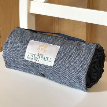 WATERPROOF Backed Picnic Rug COMPACT WALKER Blue Herringbone Tweed Wool Small