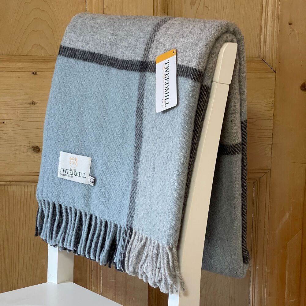Tweedmill Multi Check Duck Egg Blue & Charcoal Pure New Wool Throw Blanket