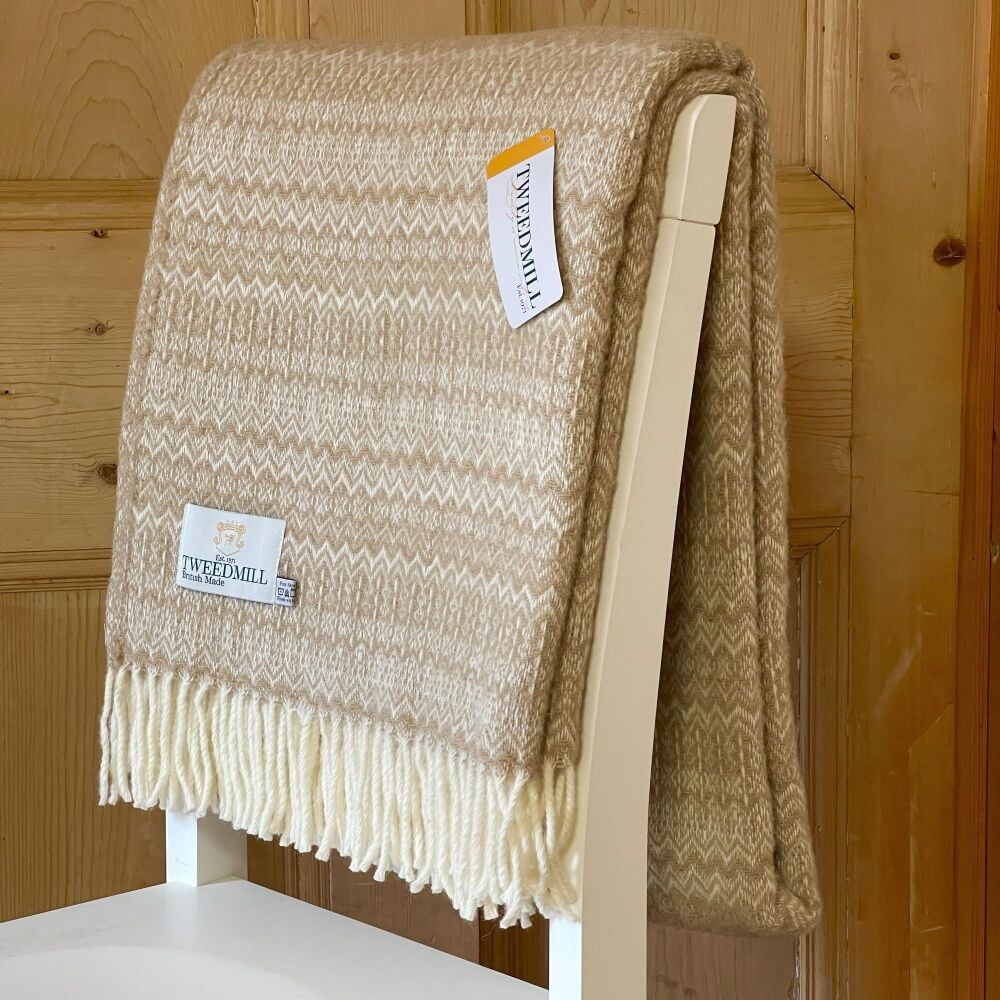 Tweedmill Fair Isle Pure New Wool Throw Blanket - Oatmeal Beige
