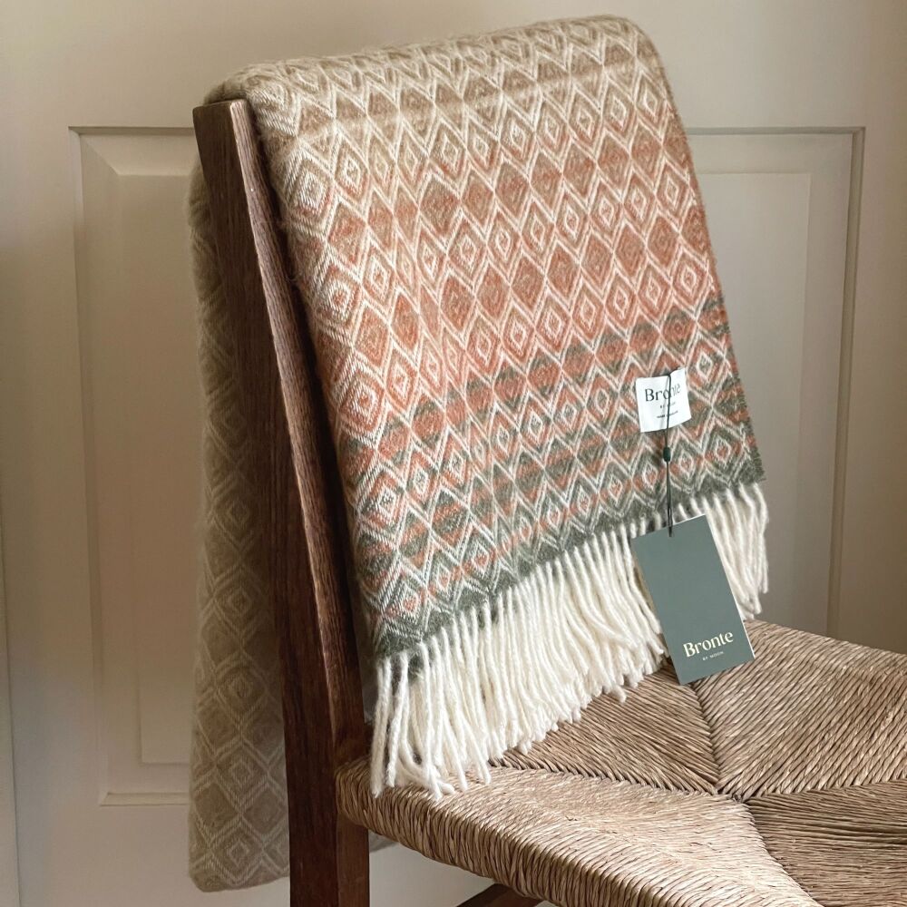 BRONTE by Moon British Wool Ombre Diamond Lambswool Throw - Terracotta-Green