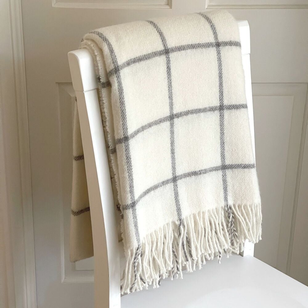 Windowpane Cream & Grey Pure New Wool Throw Blanket