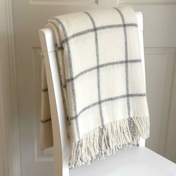 Windowpane Cream & Grey Pure New Wool Throw Blanket