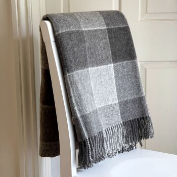 Block Check Lambswool Natural Grey & Charcoal Pure New Wool Throw Blanket
