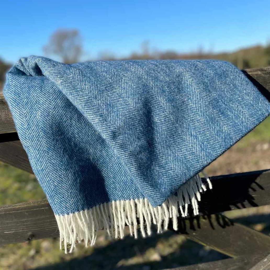 Herringbone Lambswool Peacock Blue & Cream Pure New Wool Throw Blanket