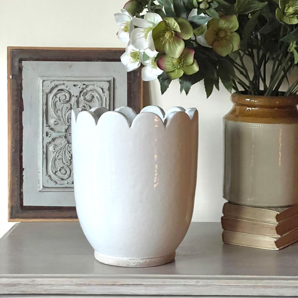 Large Scallop Pot in Old White - Pottery Vase / Plant Pot
