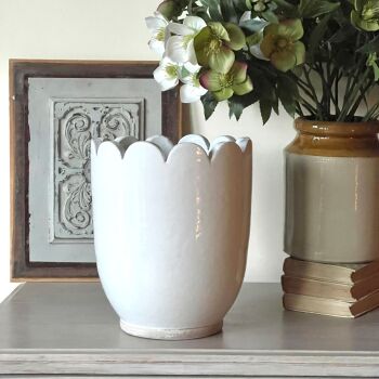 Large Scallop Pot in Old White - Pottery Vase / Plant Pot