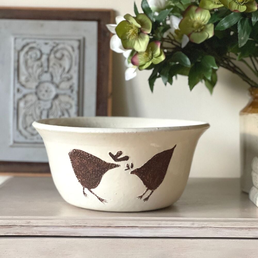 Large Terracotta Bowl Country Design - Vintage White